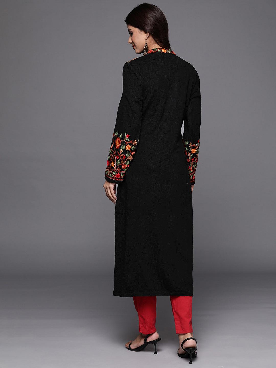 Black Embroidered Wool Straight Kurta