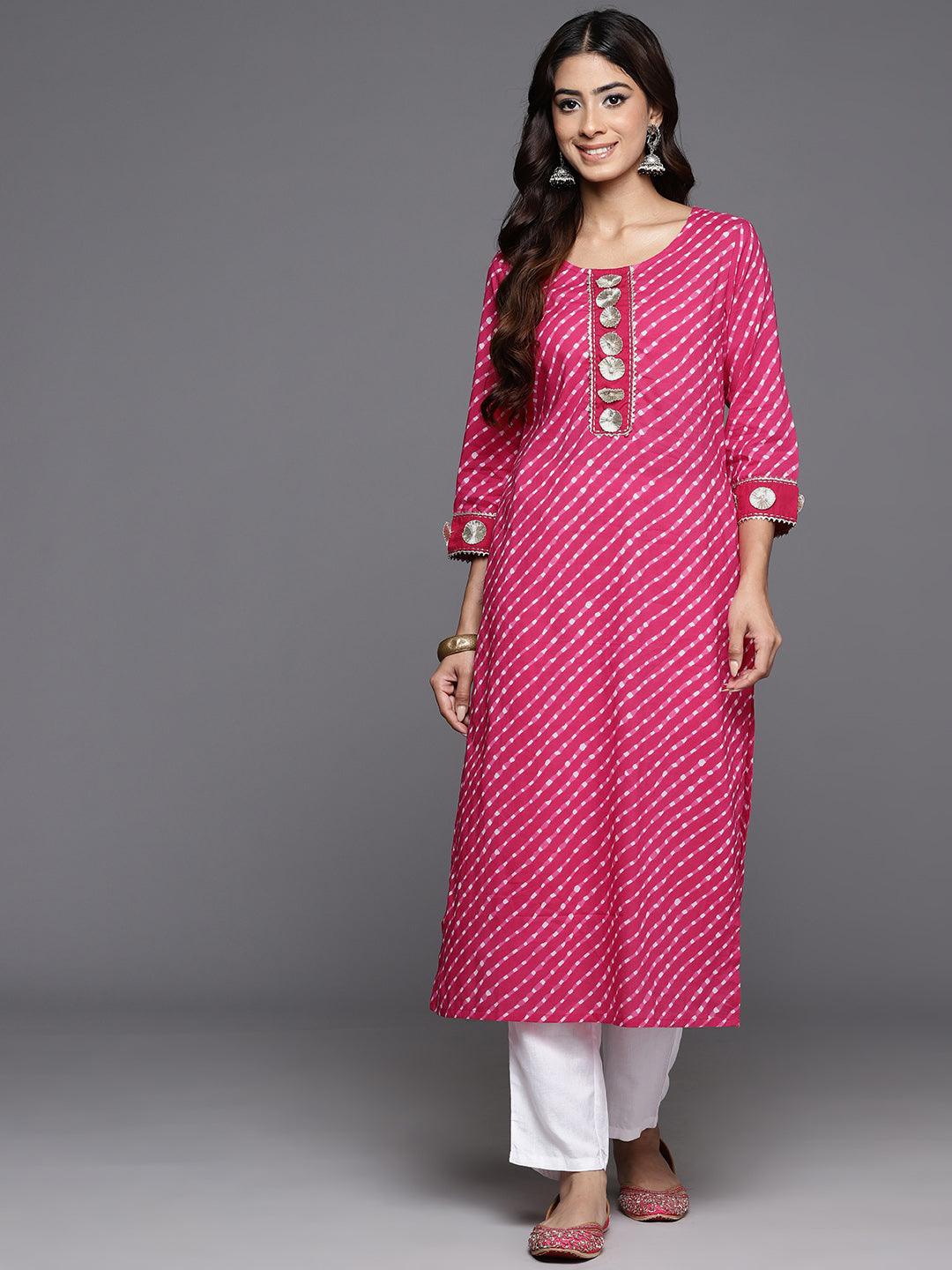 Pink Printed Cotton Straight Kurta