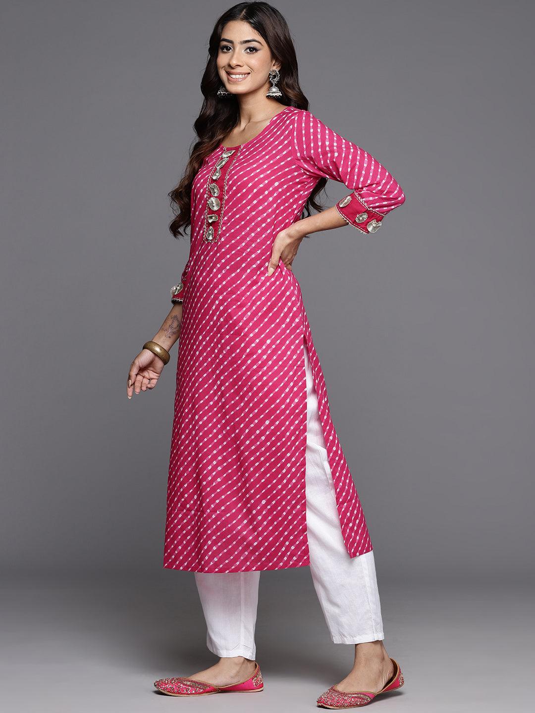 Pink Printed Cotton Straight Kurta