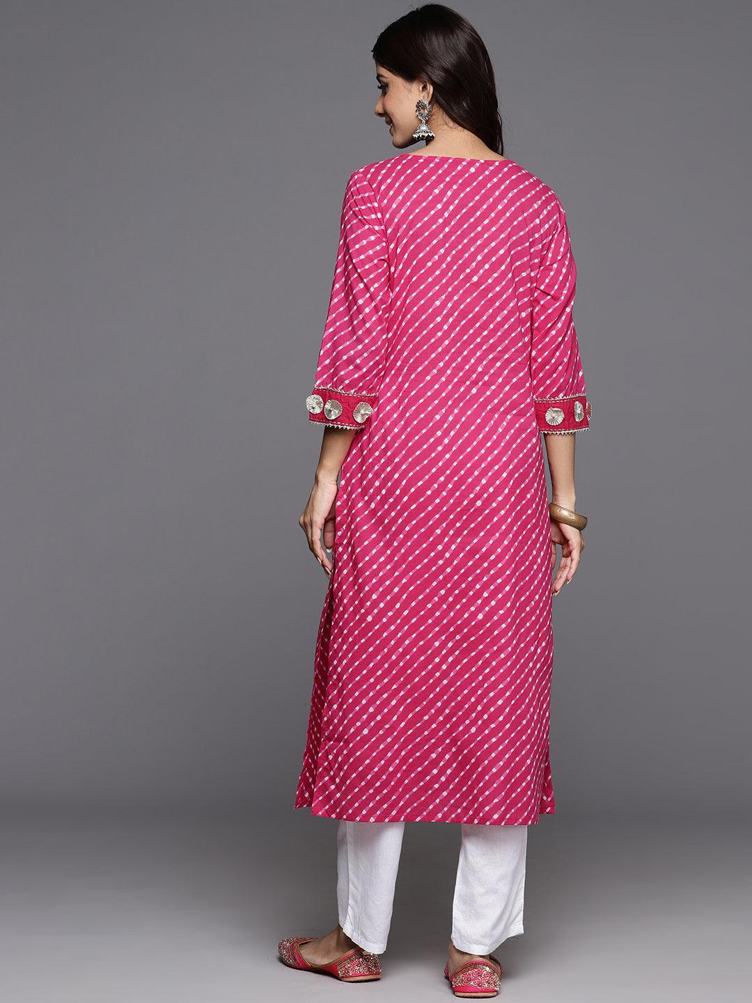 Pink Printed Cotton Straight Kurta