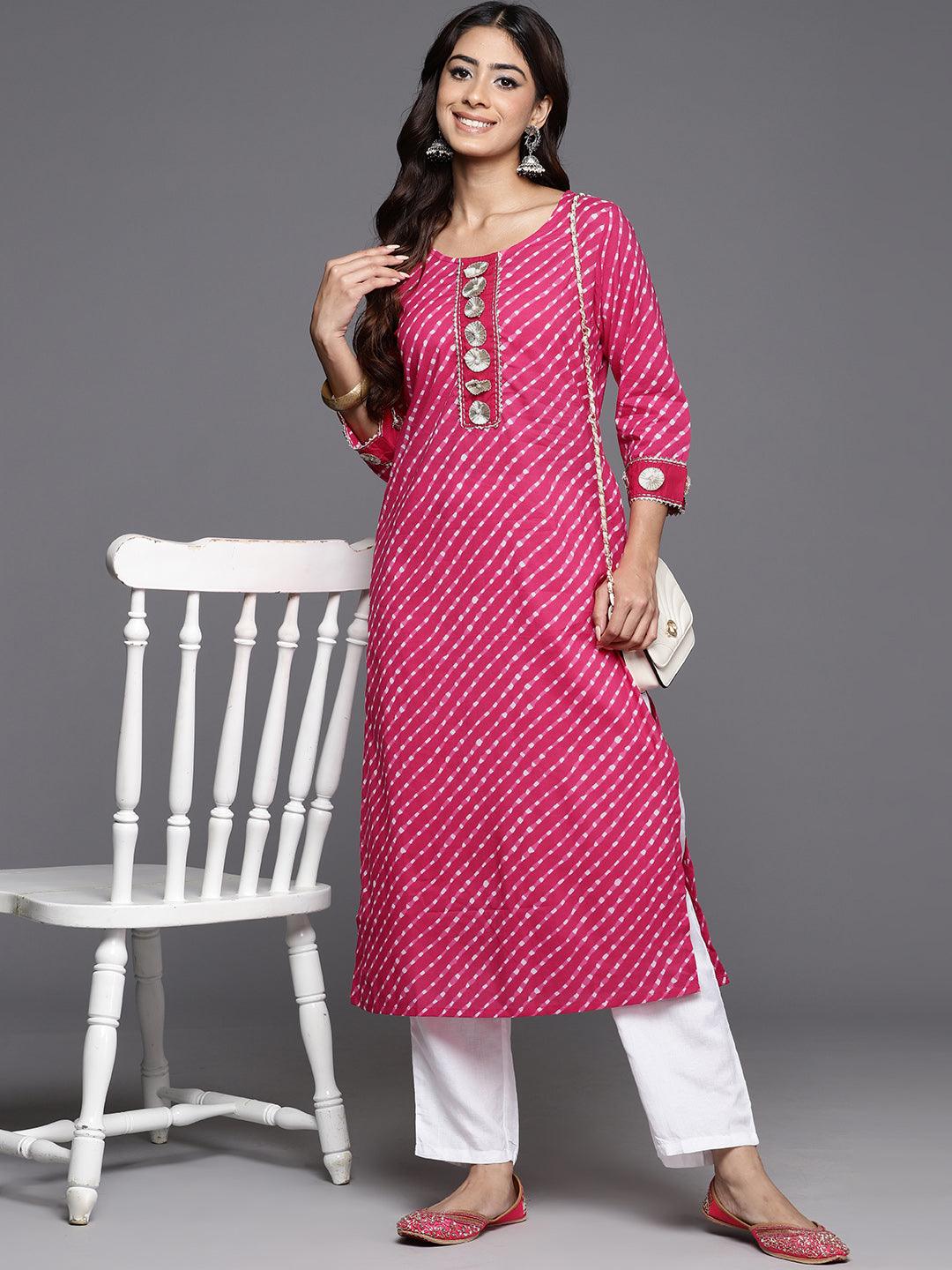 Pink Printed Cotton Straight Kurta