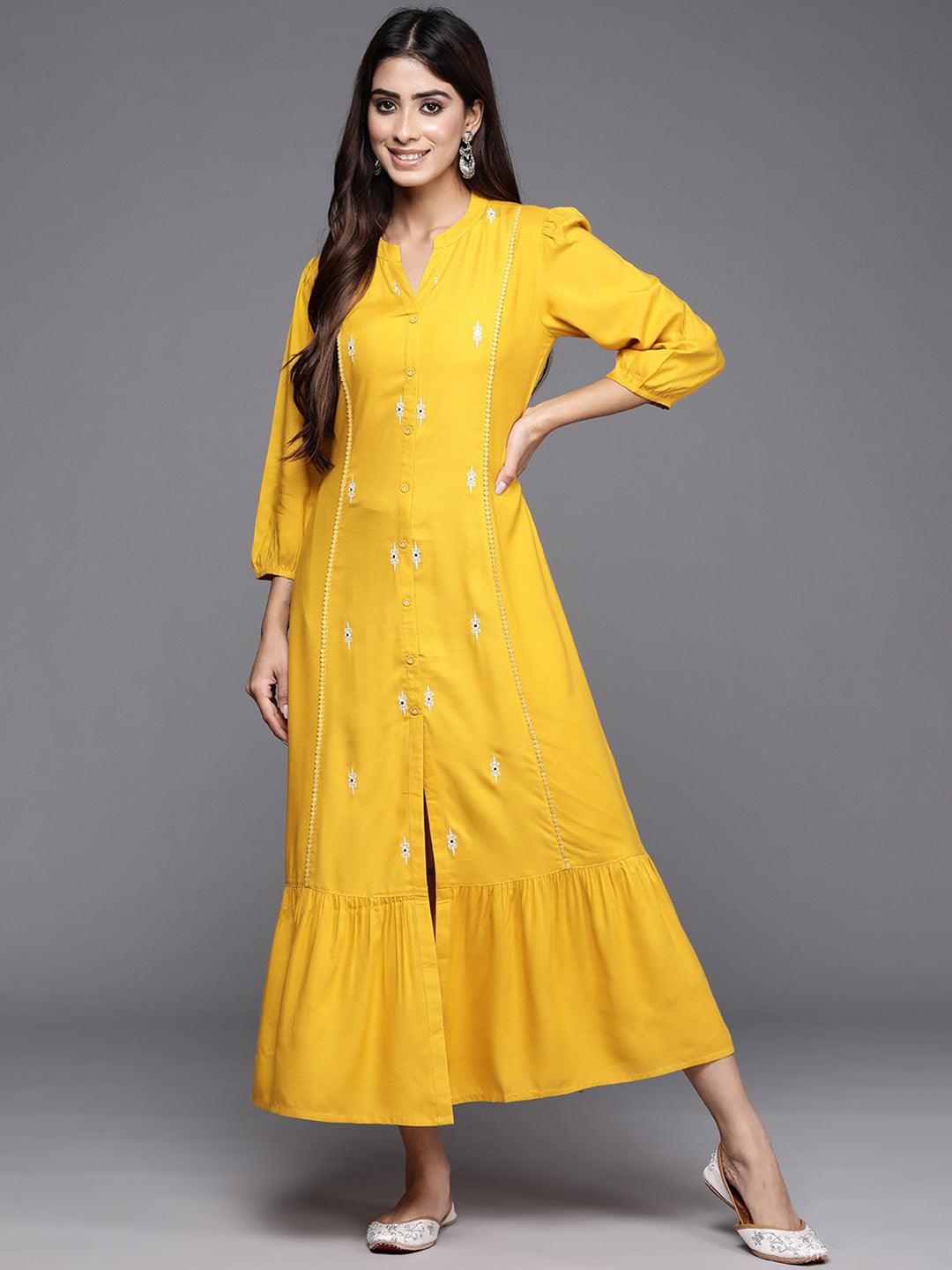 Yellow Embroidered Rayon Maxi Dress - ShopLibas