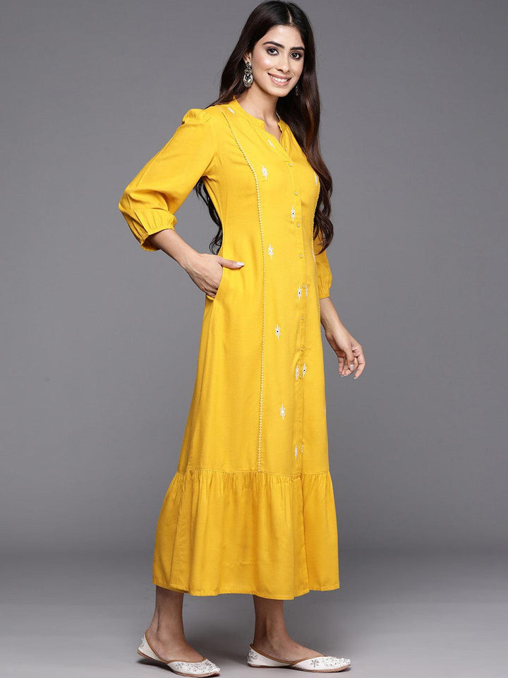 Yellow Embroidered Rayon Maxi Dress - ShopLibas