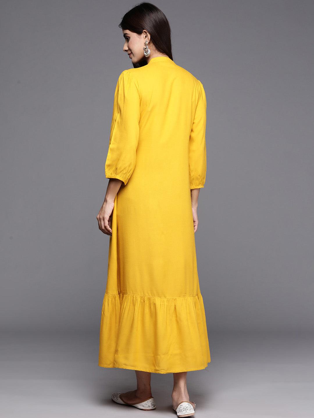 Yellow Embroidered Rayon Maxi Dress