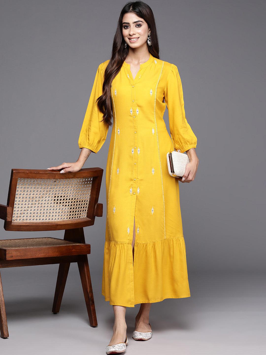 Yellow Embroidered Rayon Maxi Dress - ShopLibas