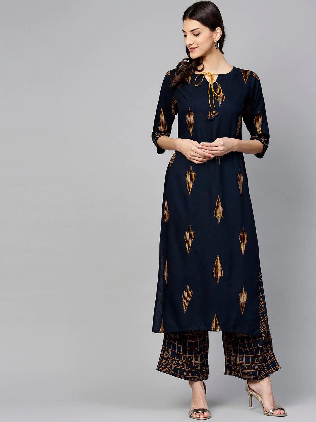 Blue Printed Rayon Kurta Set