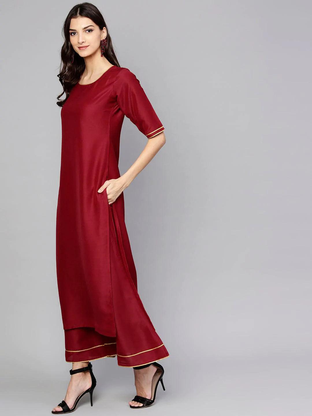 Maroon Solid Muslin Suit Set