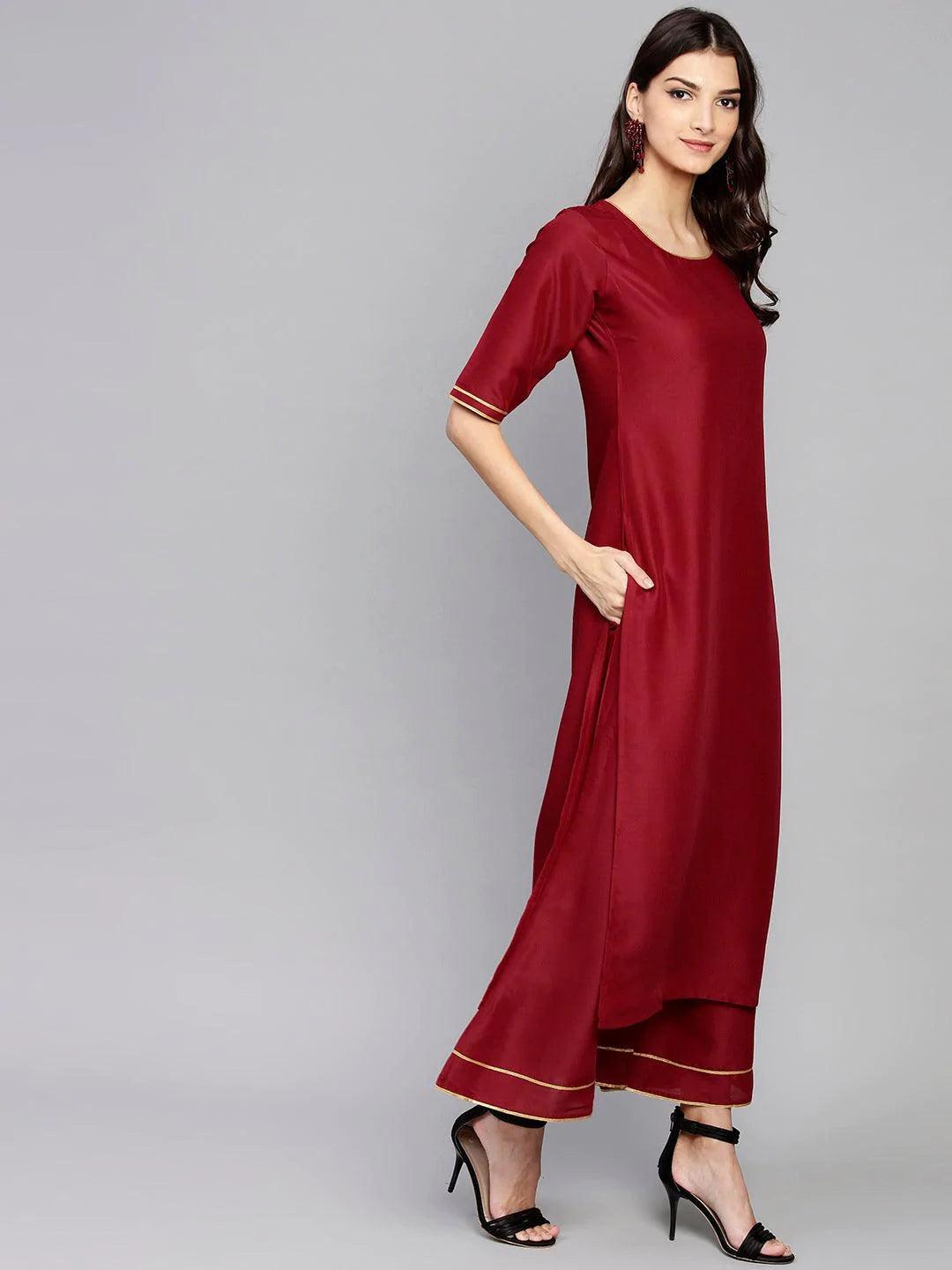 Maroon Solid Muslin Suit Set