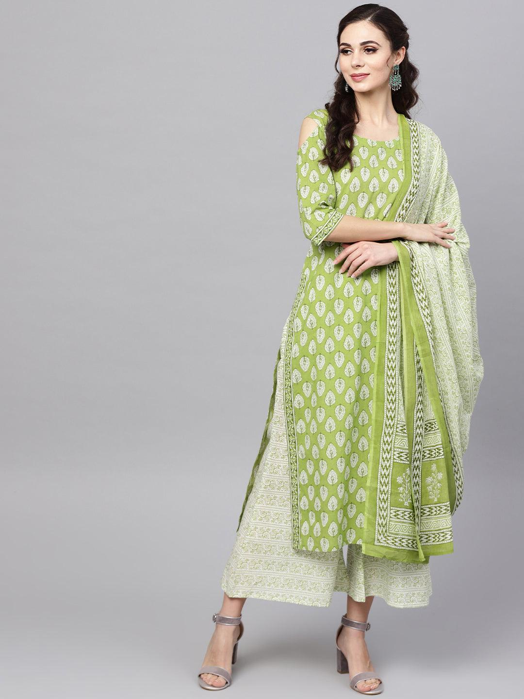 Green Printed Cotton Suit Set