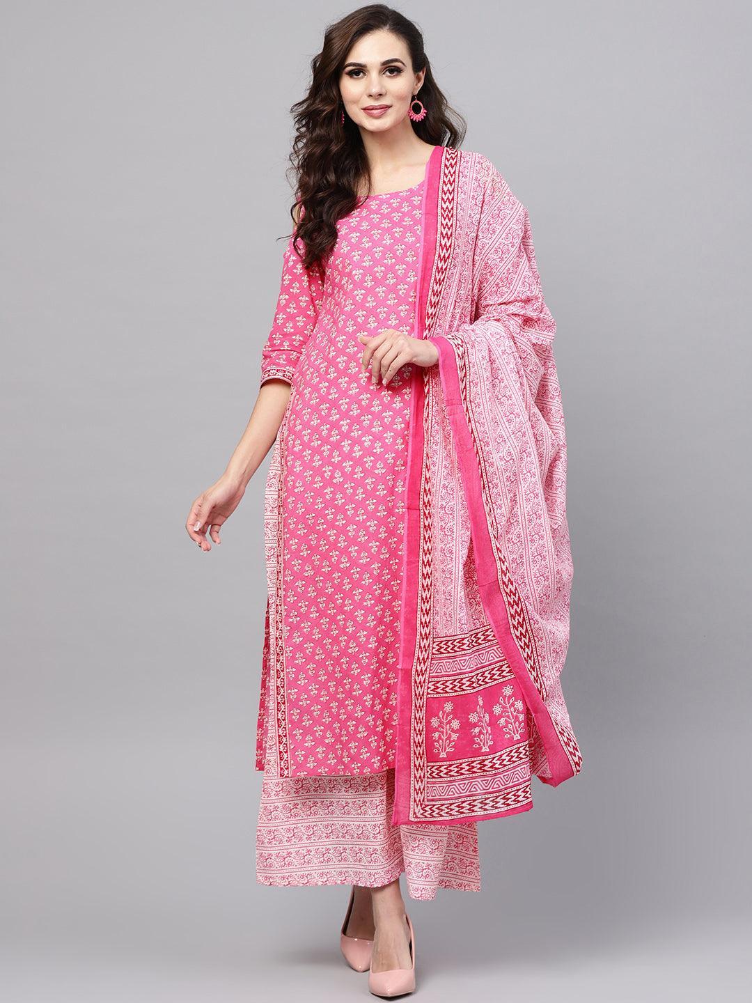 Pink Printed Cotton Suit Set