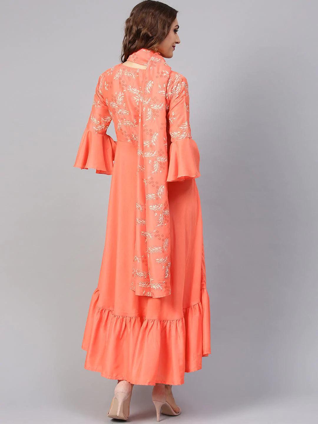 Orange Printed Silk Dress with Stole