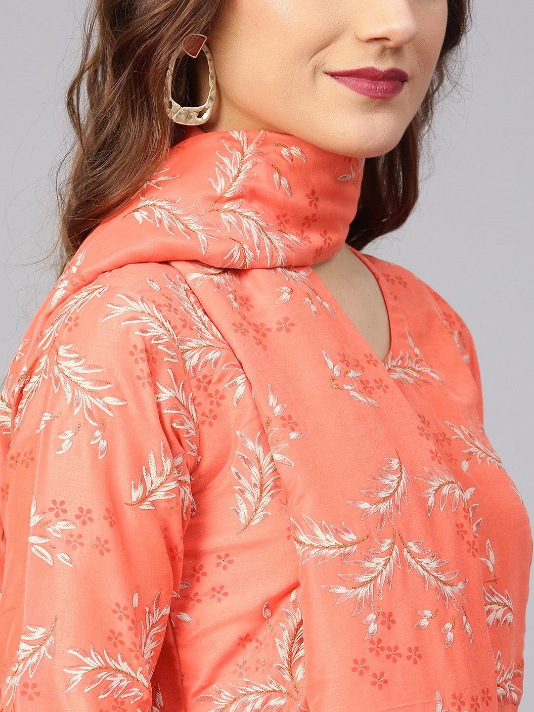 Orange Printed Silk Dress with Stole - ShopLibas