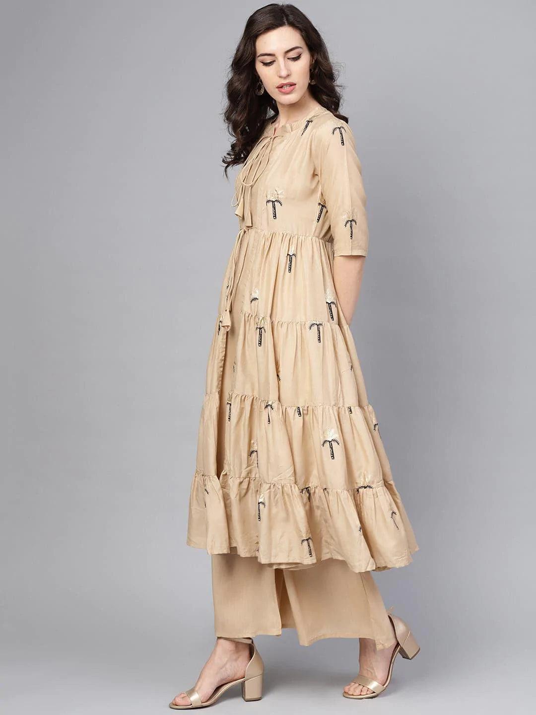 Beige Printed Polyester Kurta Set With Jacket - ShopLibas