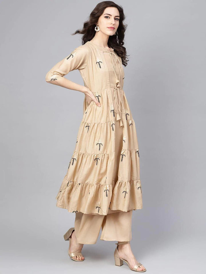 Beige Printed Polyester Kurta Set With Jacket - ShopLibas