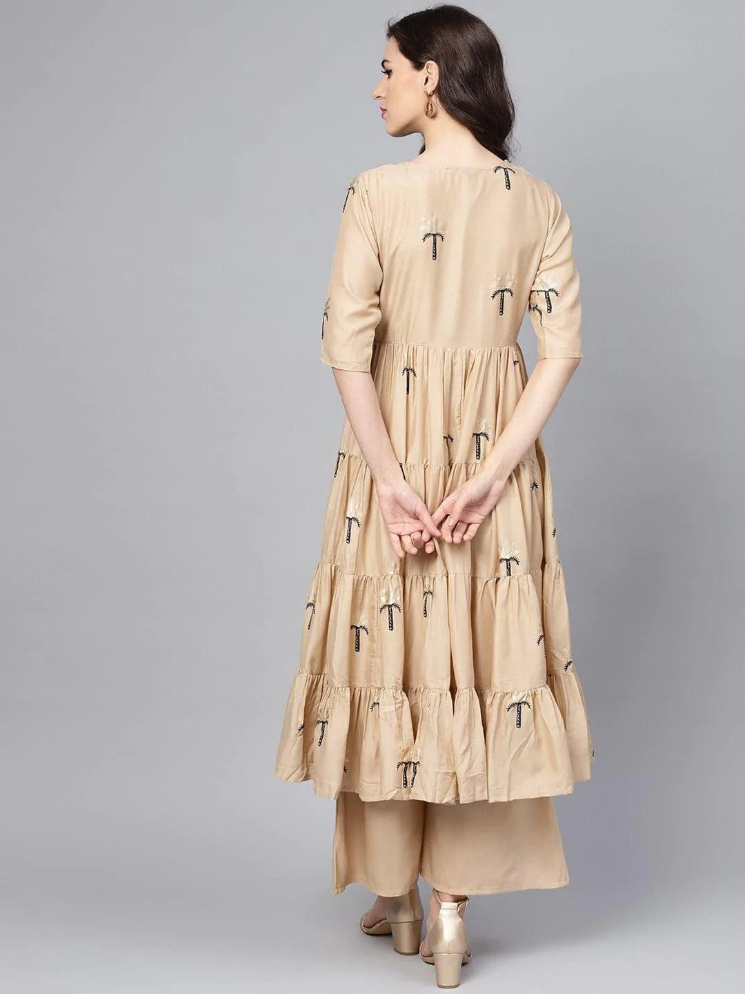 Beige Printed Polyester Kurta Set With Jacket - ShopLibas