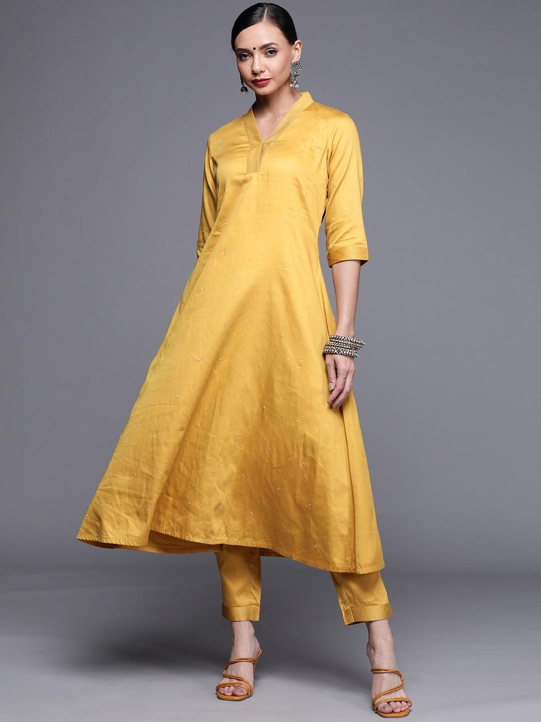 Mustard Woven Design Chanderi Silk Kurta - ShopLibas