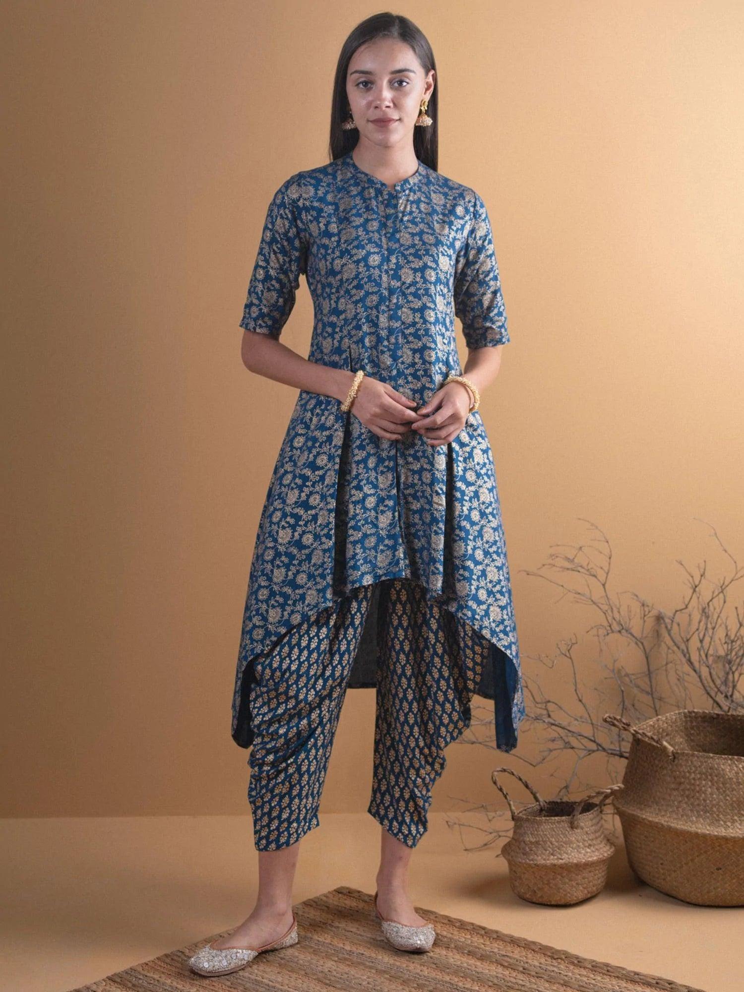 Blue Printed Rayon Kurta Set