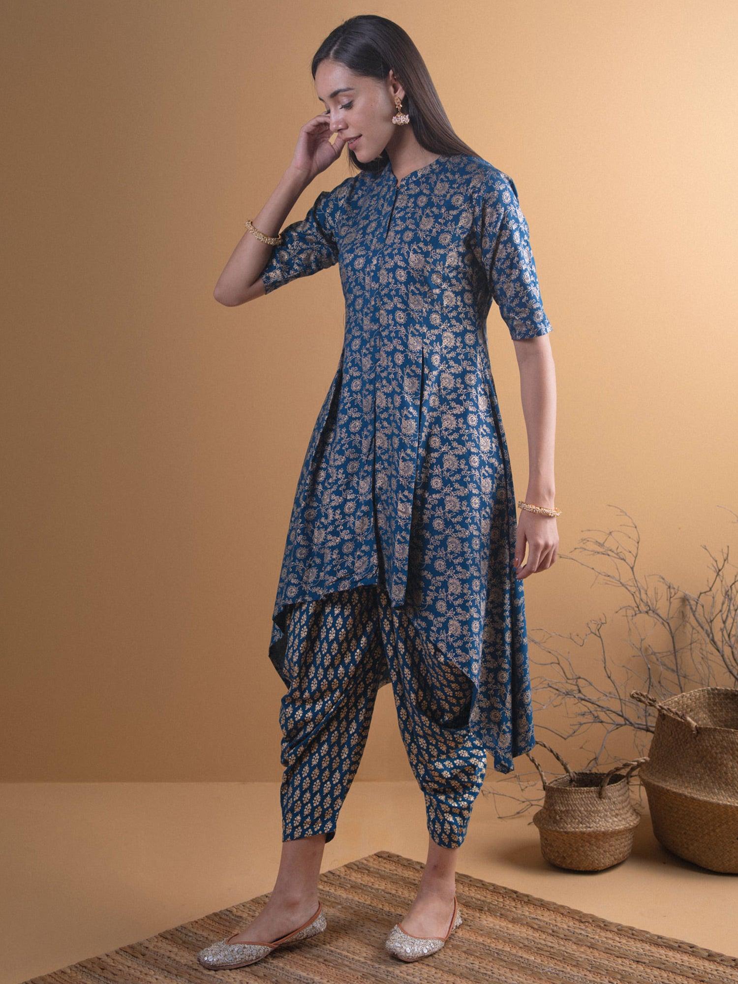 Blue Printed Rayon Kurta Set