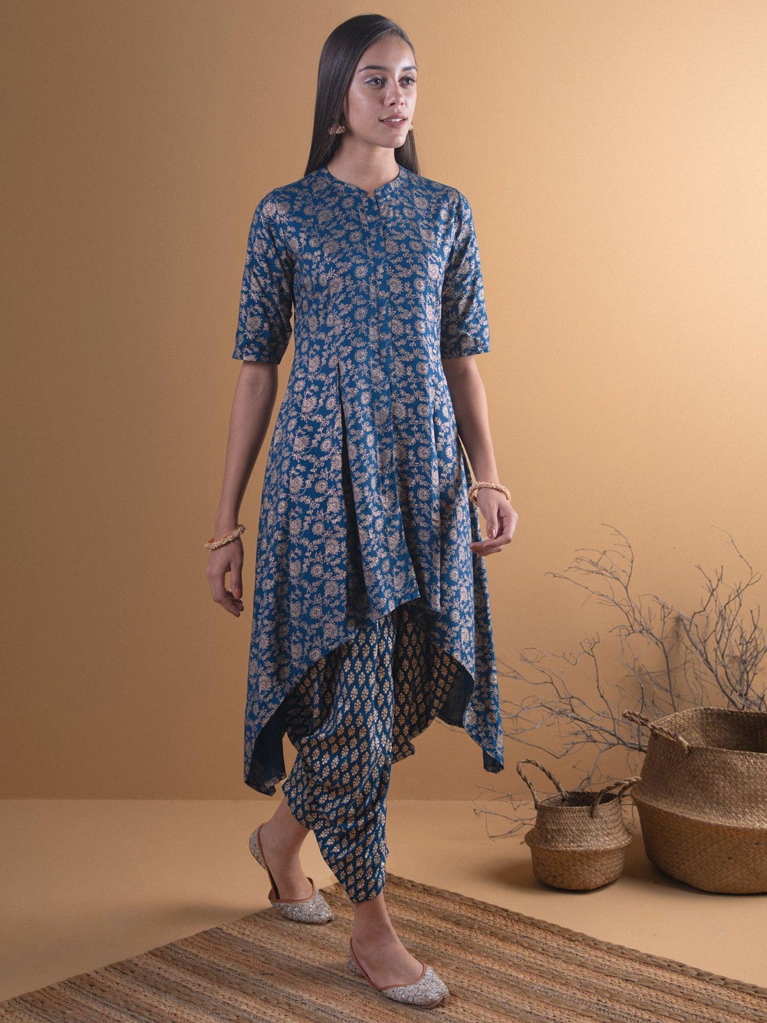 Blue Printed Rayon Kurta Set