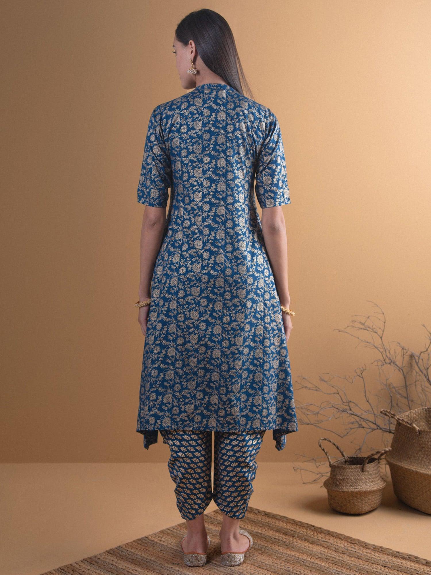 Blue Printed Rayon Kurta Set