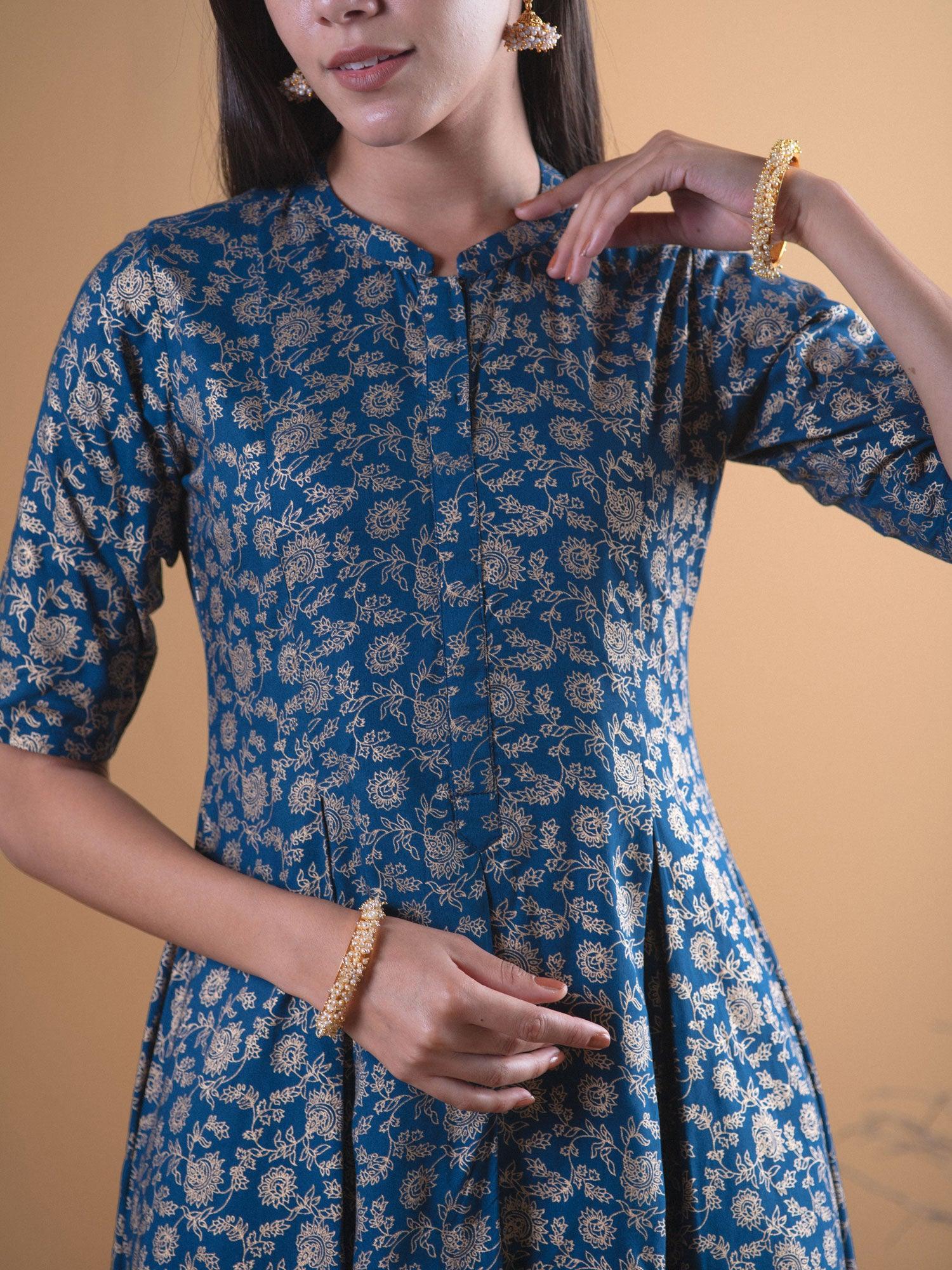 Blue Printed Rayon Kurta Set