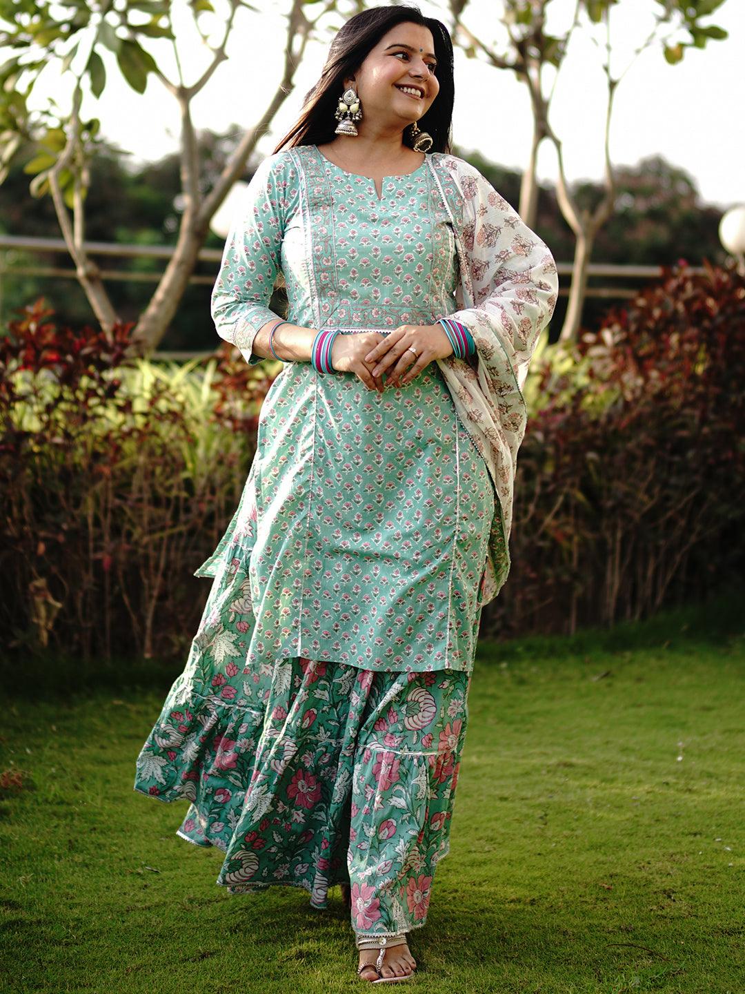 Green Printed Cotton Straight Kurta With Skirt & Dupatta - ShopLibas