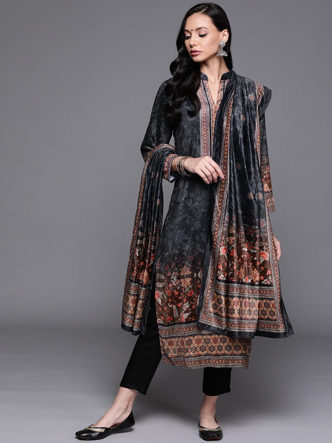 Multicoloured Printed Velvet Suit Set - ShopLibas