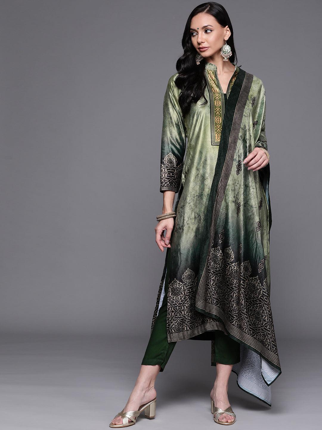 Green Printed Velvet Suit Set