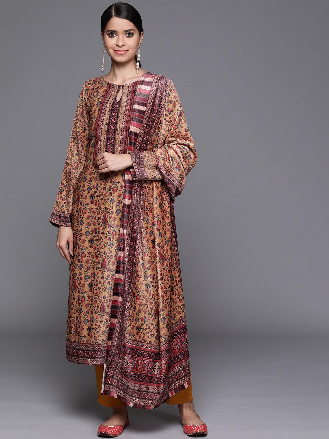 Mustard Printed Velvet Suit Set - ShopLibas