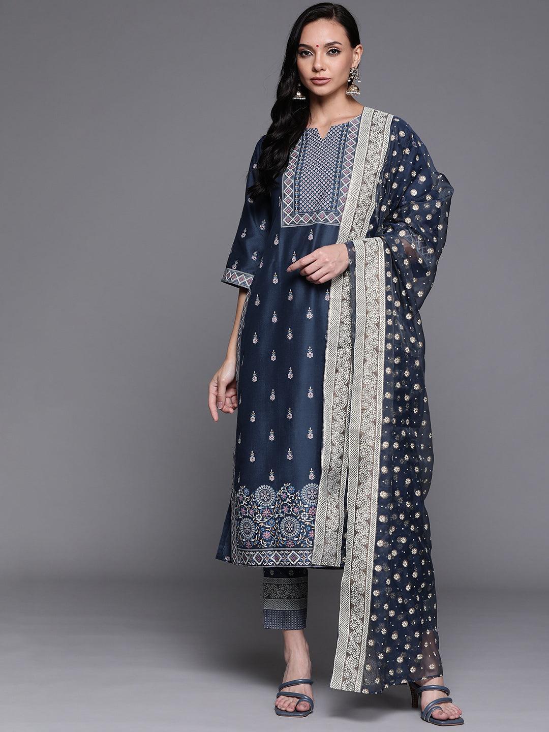 Blue Printed Silk Blend Suit Set