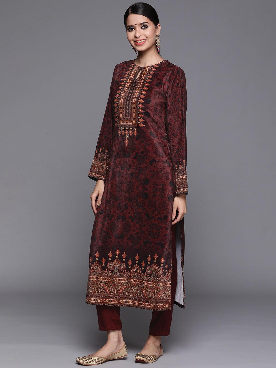 Maroon Printed Velvet Suit Set - ShopLibas