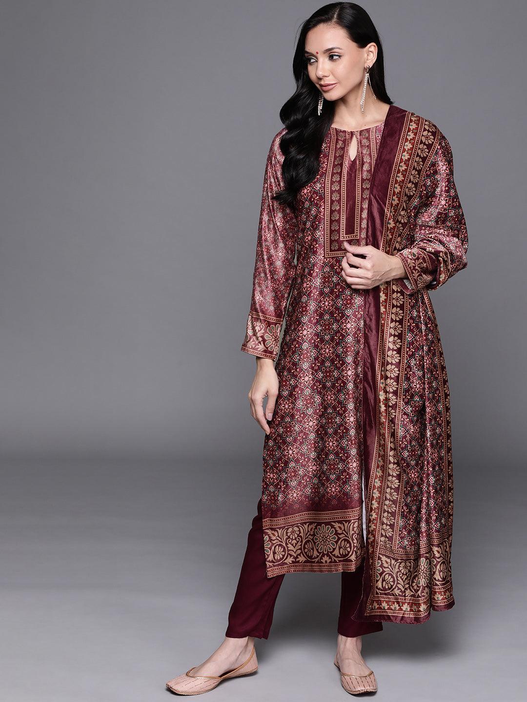 Brown Printed Velvet Suit Set