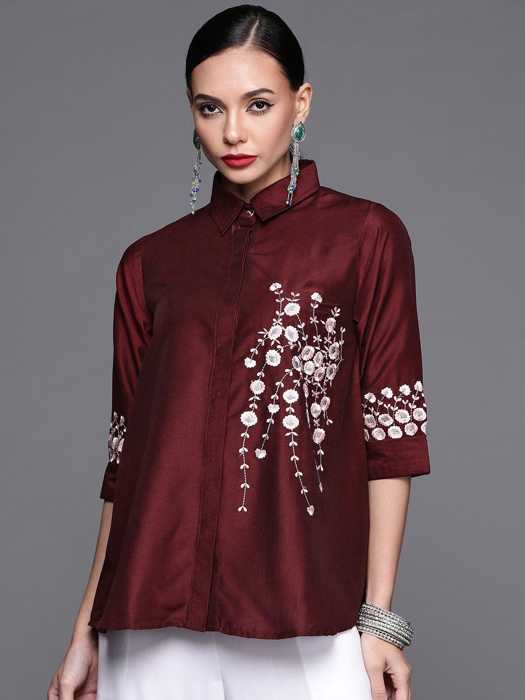 Maroon Embroidered Silk Blend Shirt - ShopLibas