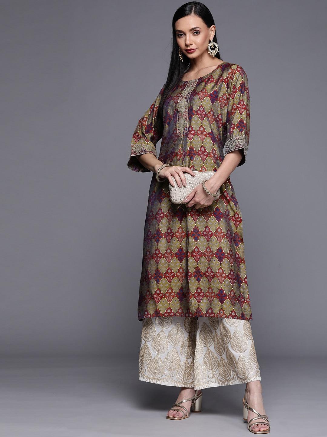 Multicoloured Printed Chanderi Silk Kurta - ShopLibas