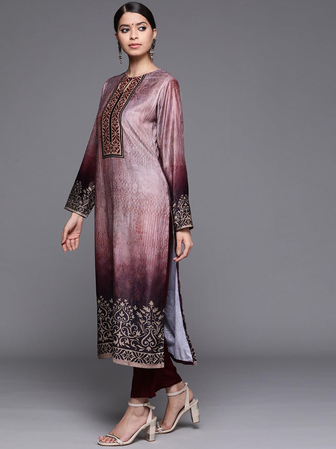 Mauve Printed Velvet Suit Set