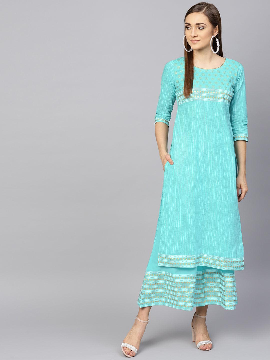 Turquoise Blue Printed Cotton Kurta Set