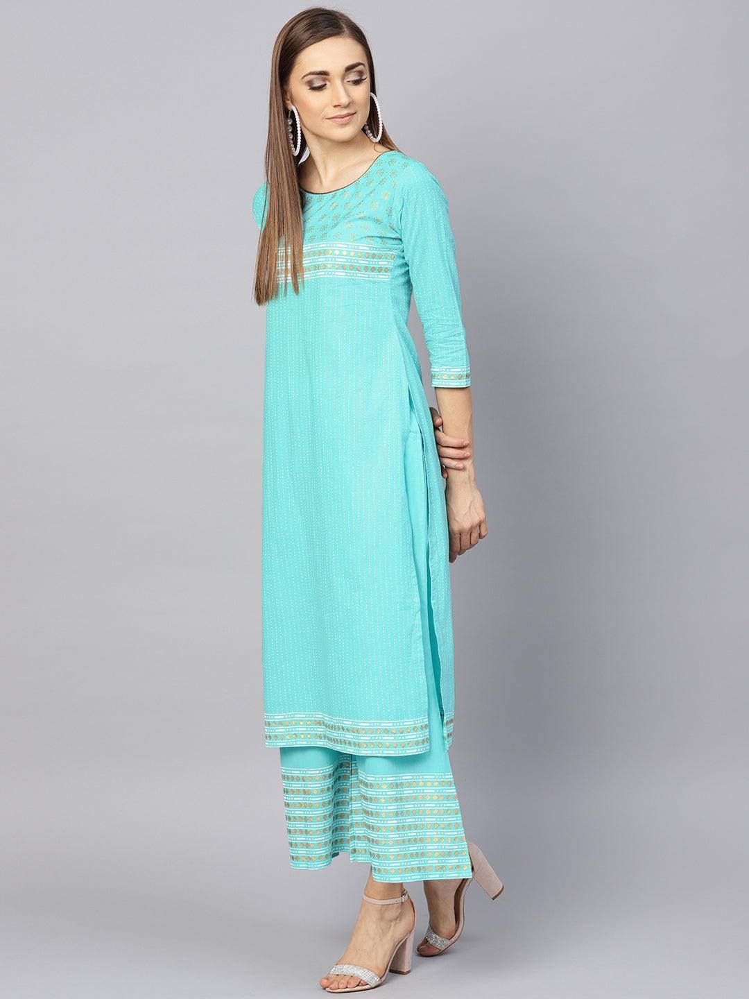 Turquoise Blue Printed Cotton Kurta Set