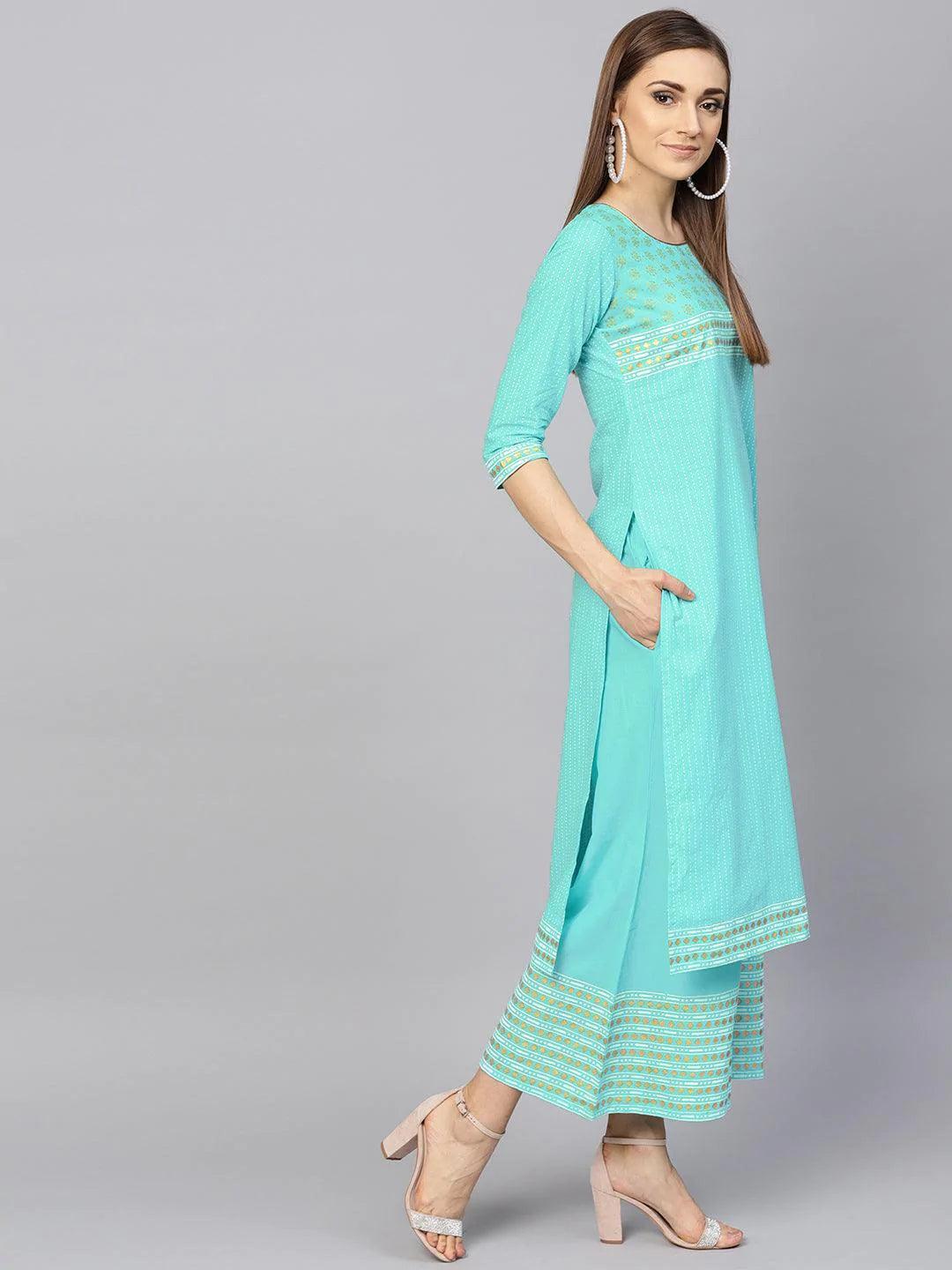 Turquoise Blue Printed Cotton Kurta Set