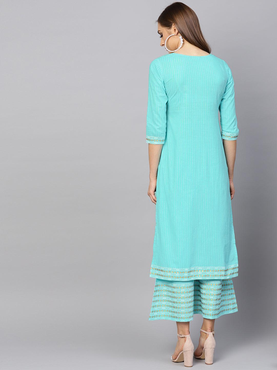 Turquoise Blue Printed Cotton Kurta Set