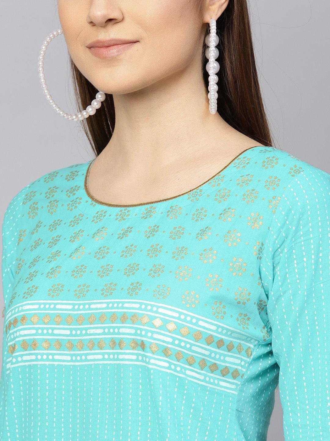 Turquoise Blue Printed Cotton Kurta Set