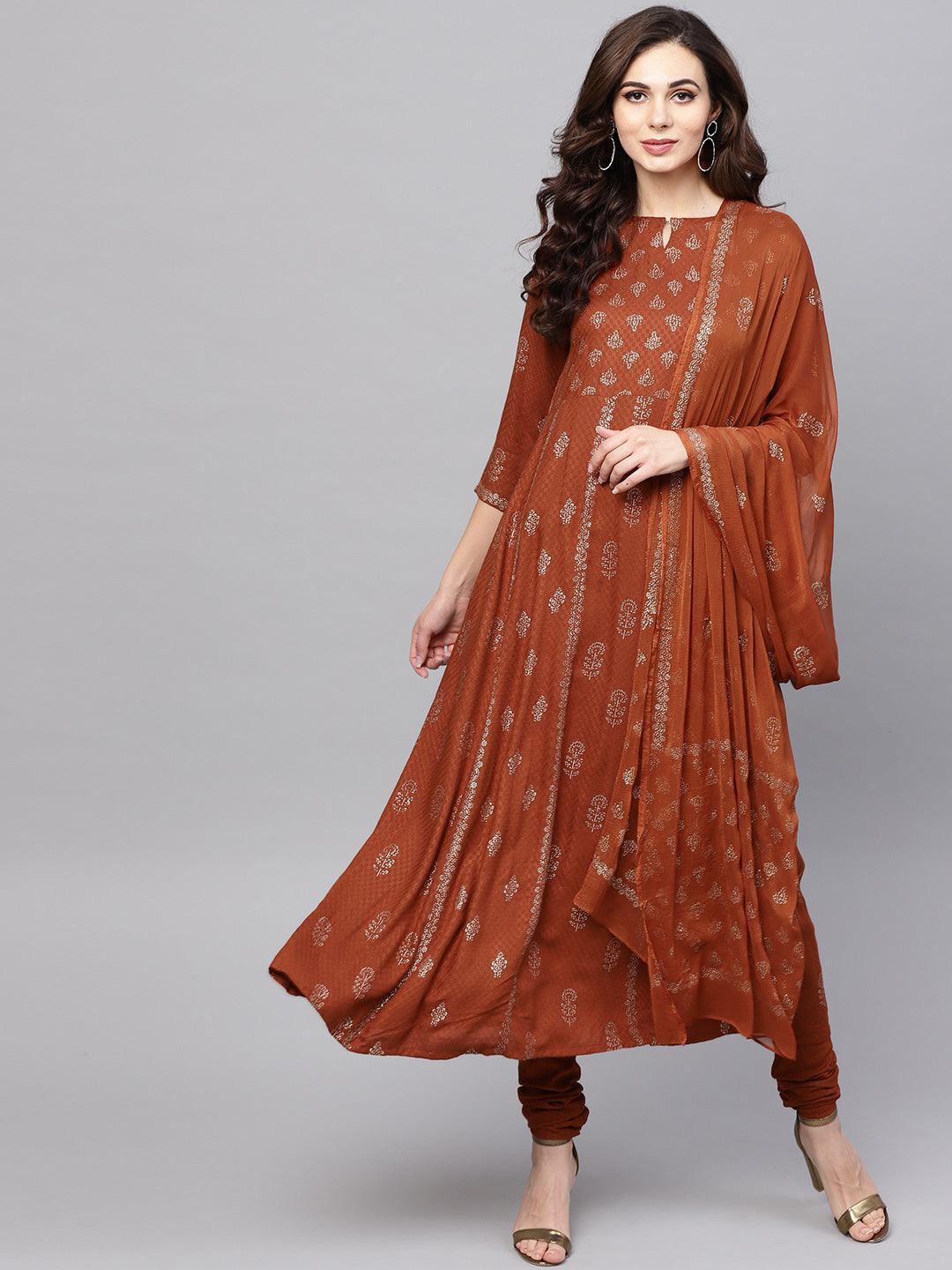 Brown Printed Rayon Suit Set - ShopLibas