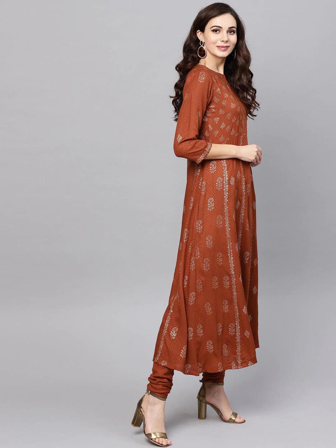 Brown Printed Rayon Suit Set