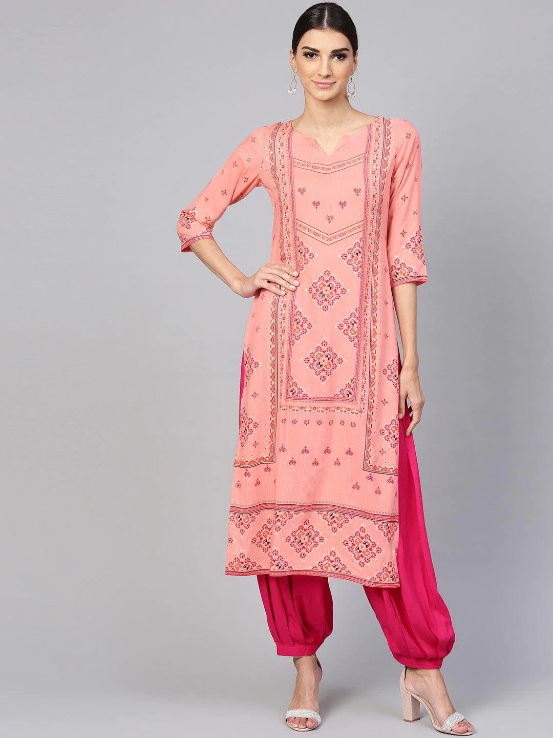 Pink Printed Rayon Kurta Set