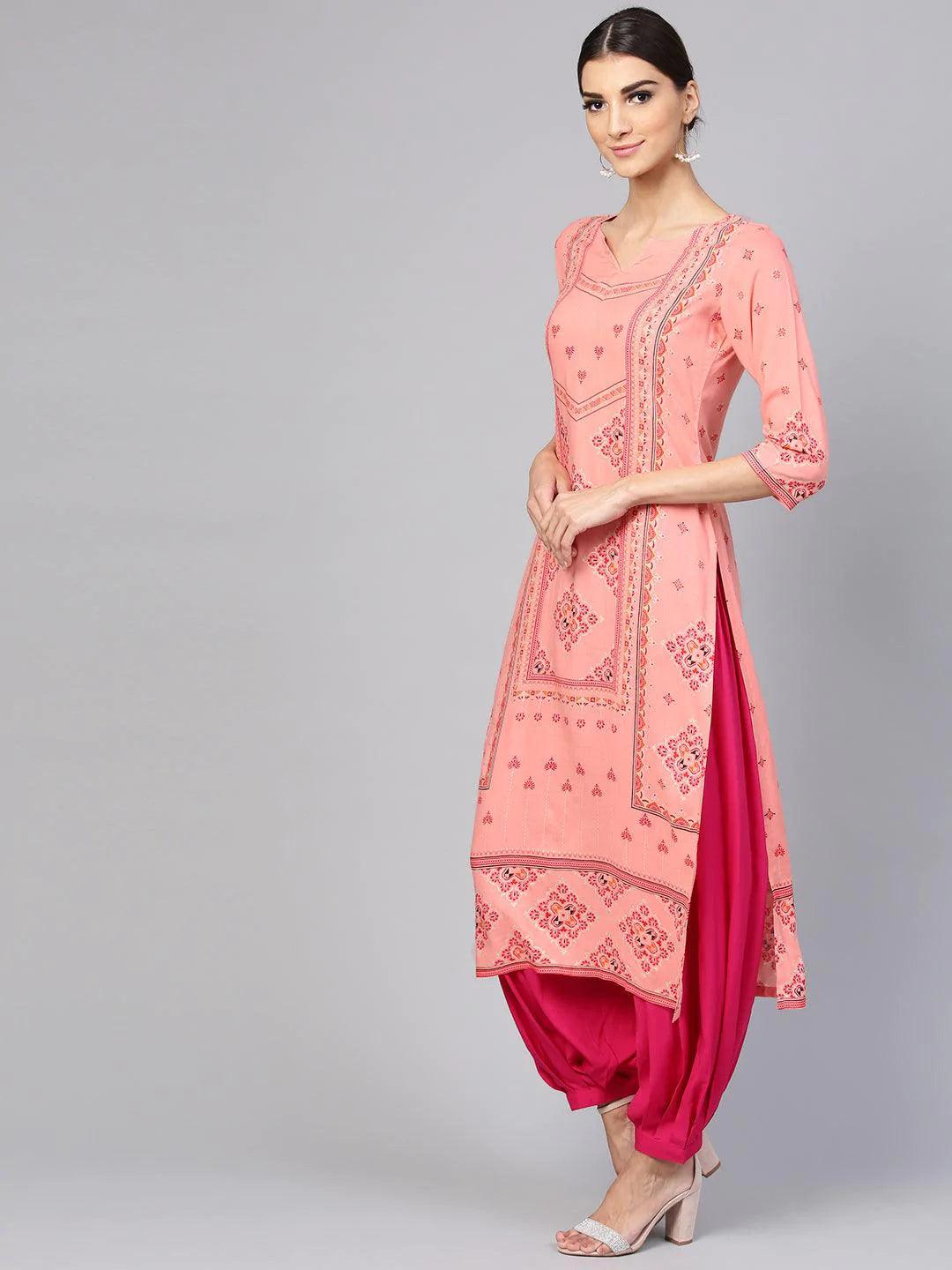 Pink Printed Rayon Kurta Set