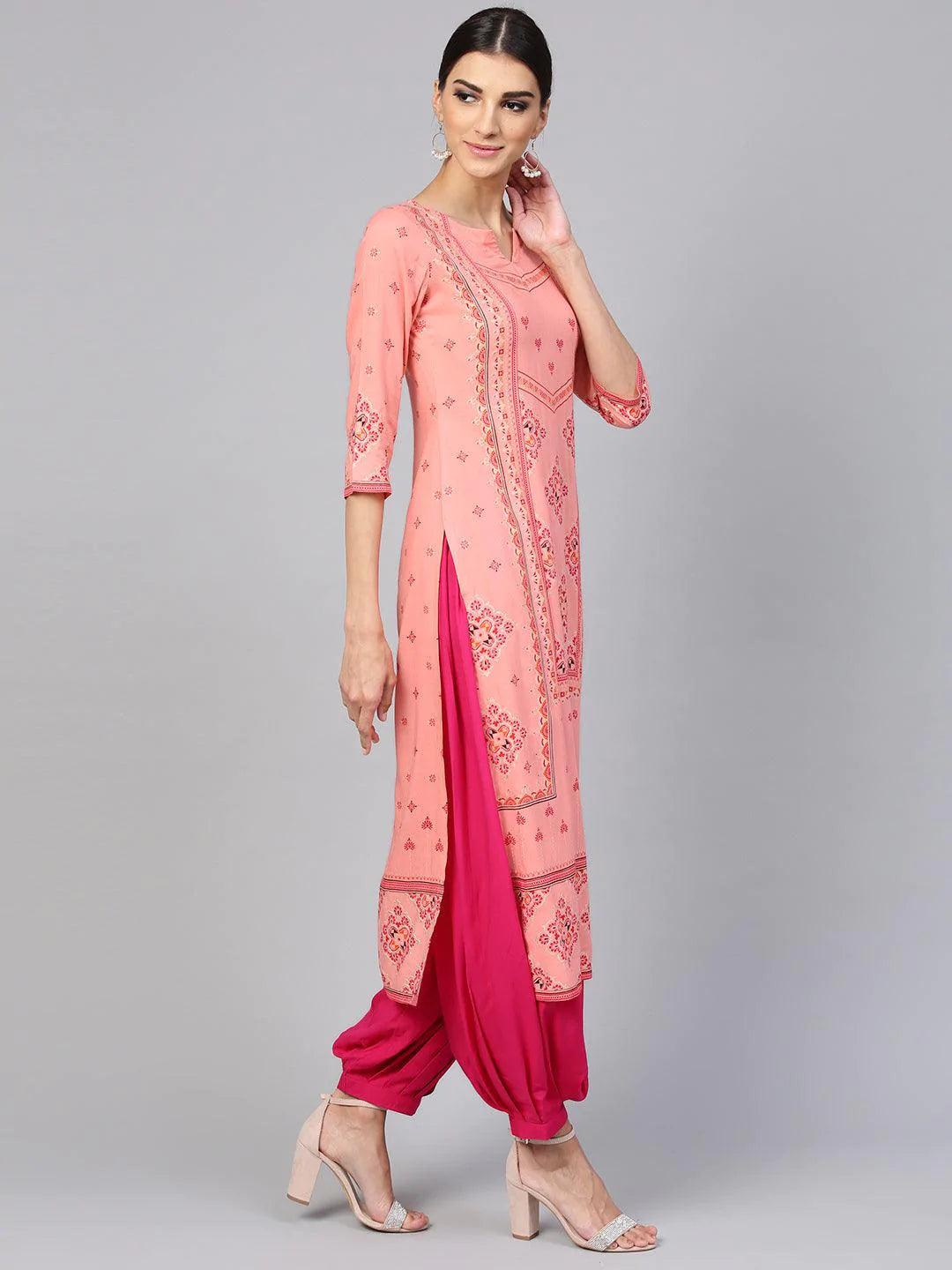 Pink Printed Rayon Kurta Set