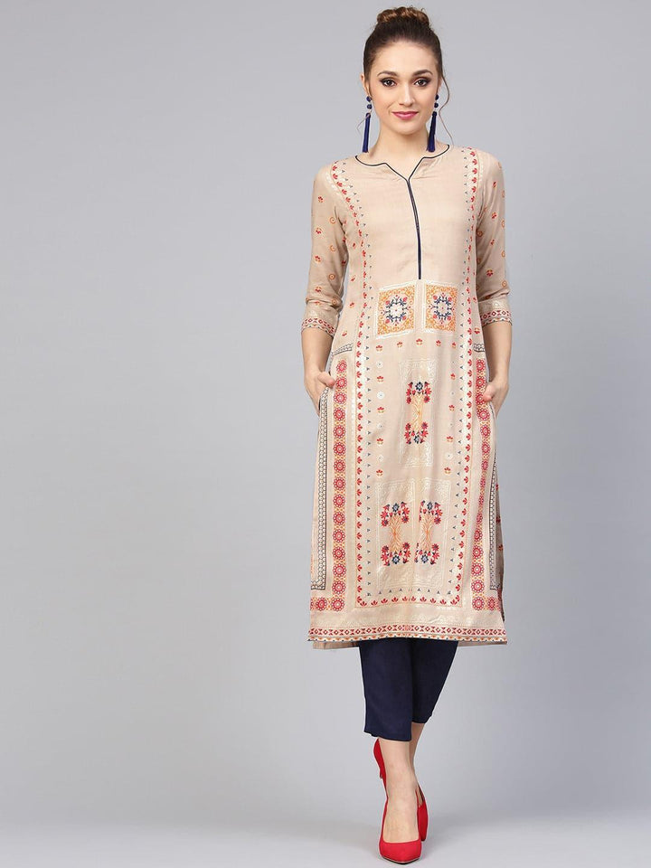 Beige Printed Rayon Kurta Set - ShopLibas