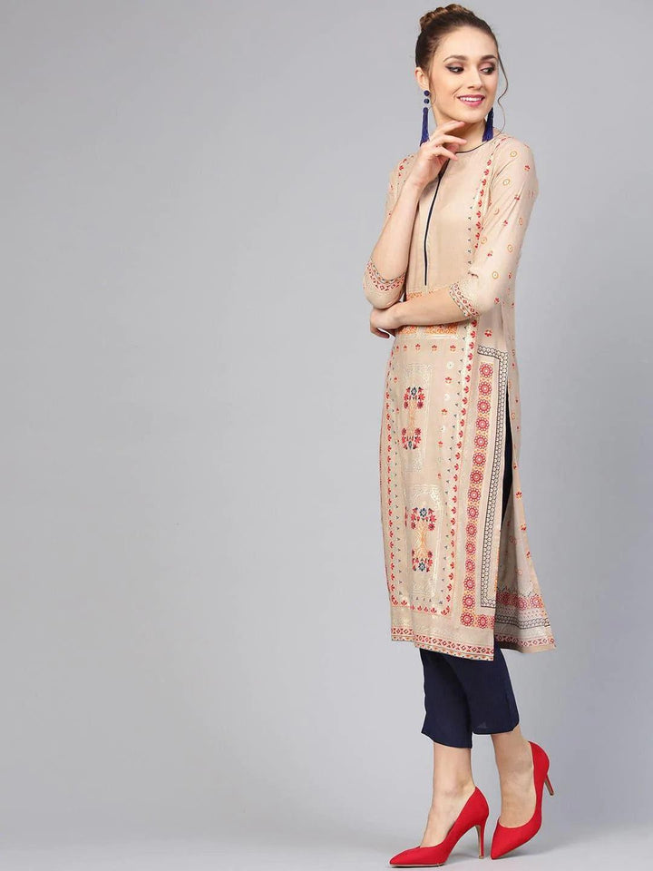 Beige Printed Rayon Kurta Set - ShopLibas