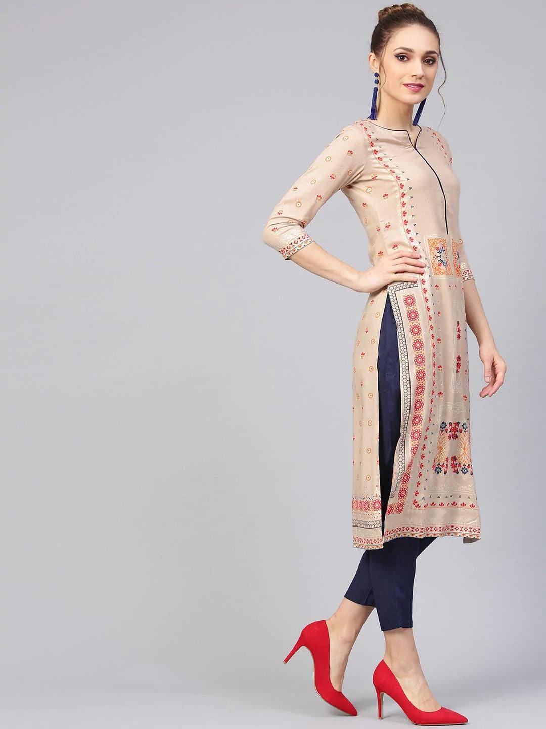 Beige Printed Rayon Kurta Set - ShopLibas