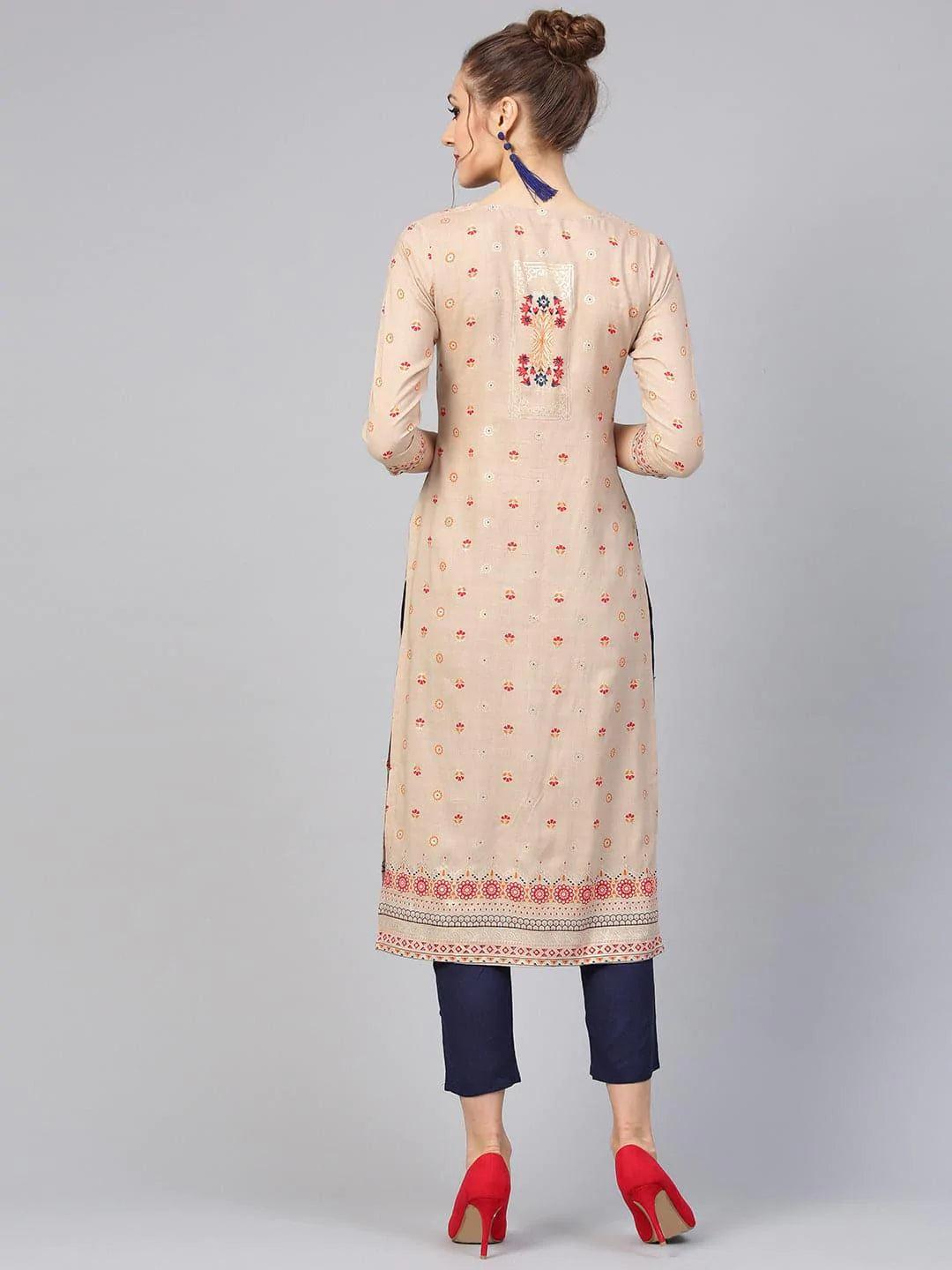 Beige Printed Rayon Kurta Set