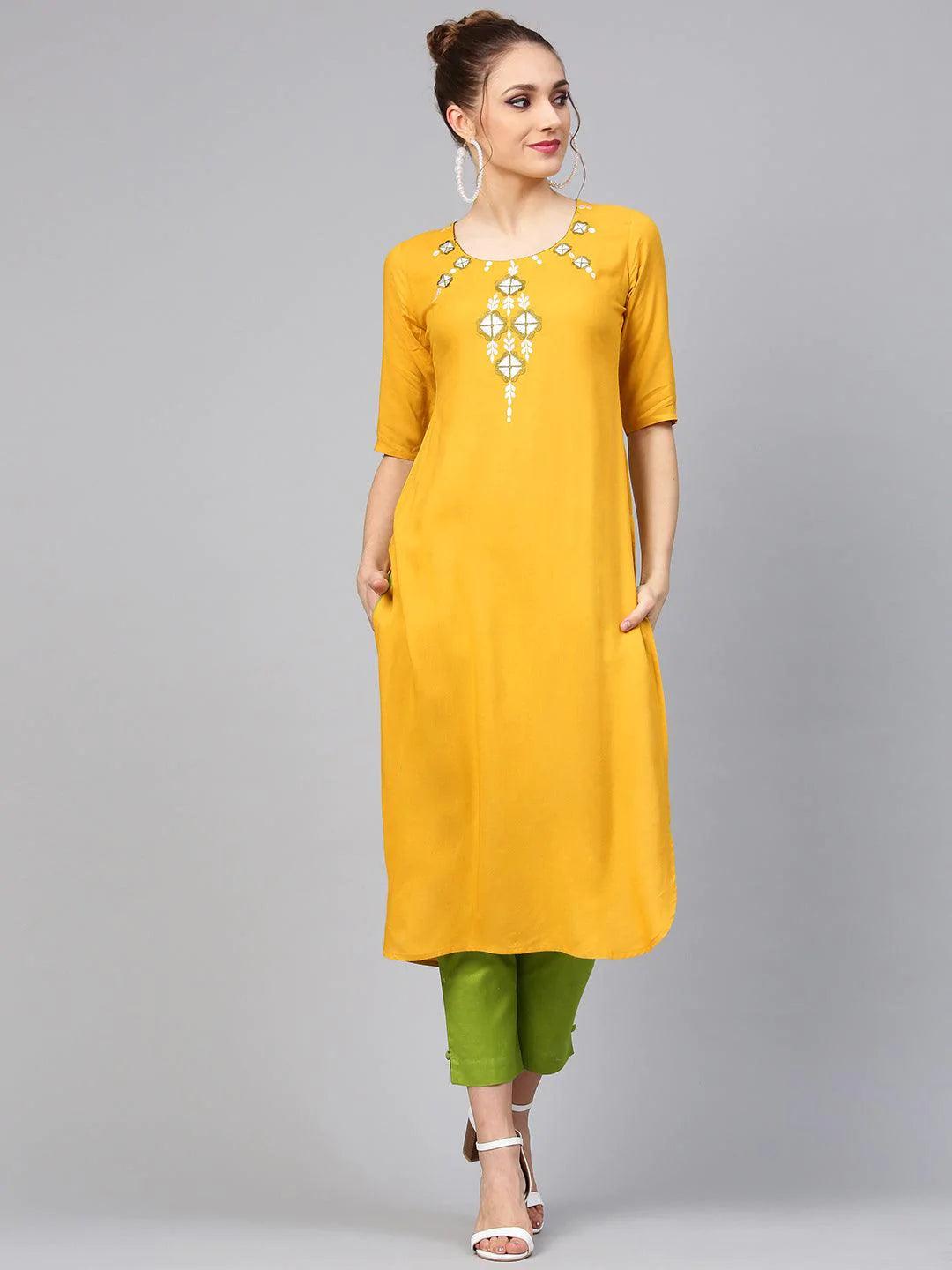 Yellow Embroidered Rayon Kurta Set